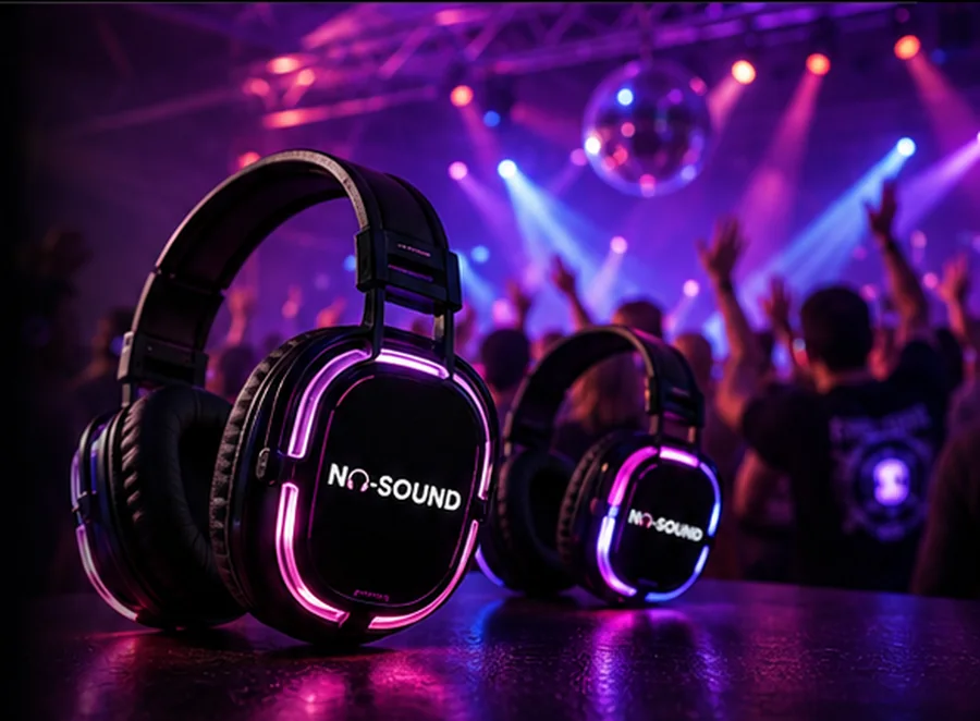 Silent disco in een feestzaal met paarse en roze verlichting